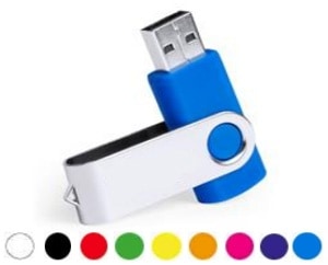 Memoria USB twister, con cuerpo de plástico de colores y tapa metálica giratoria personalizable.